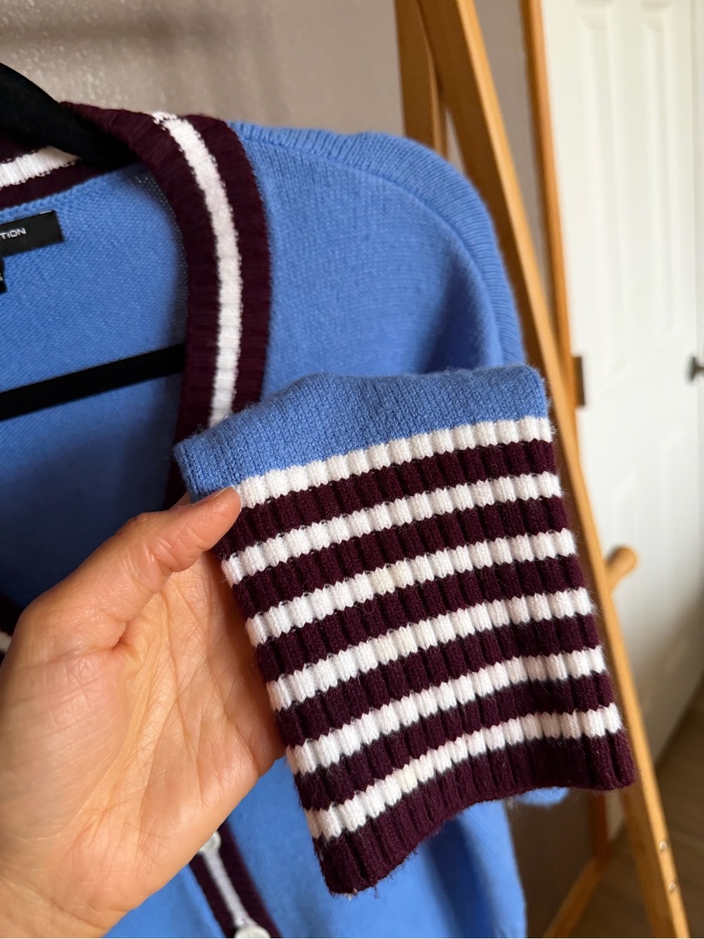 French Connection Blue Cardigan with Maroon and White Trim - Picture 4 of 6